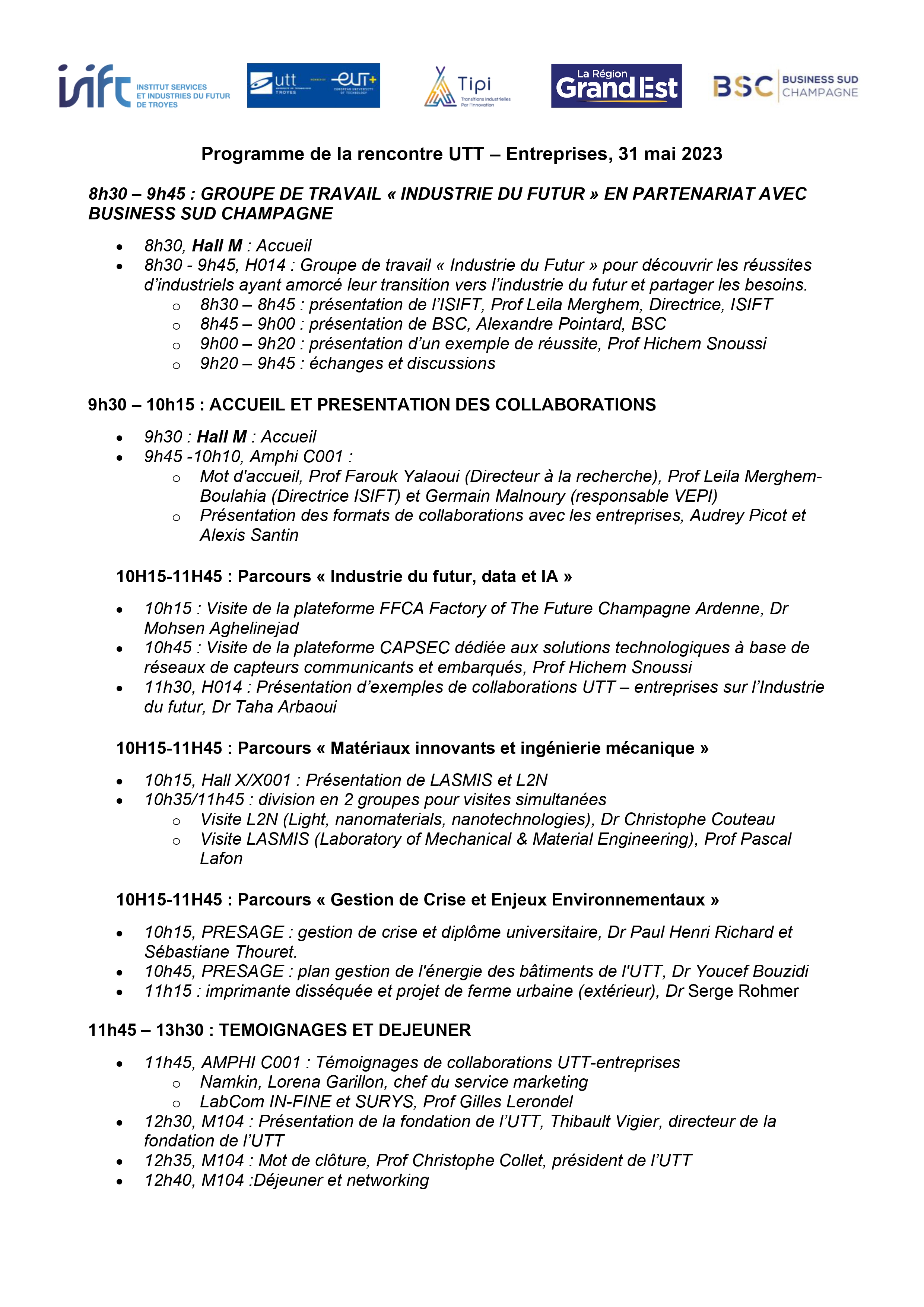 Programme des rencontres UTT-Entreprises du 31 mai 2023